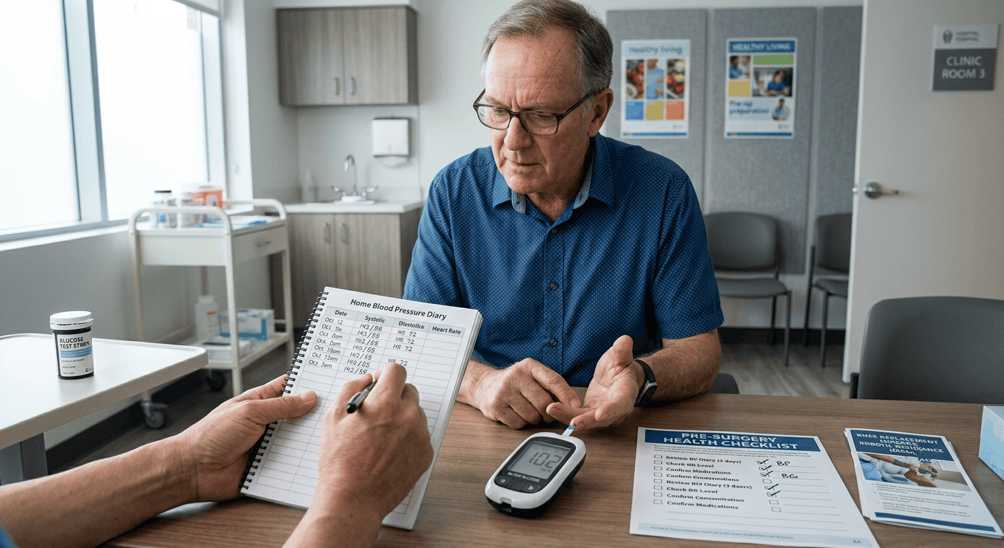 Blood pressure check before robotic knee surgery with high blood pressure